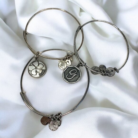 Alex and Ani Silver Charm Bangle Bundle Trio Friend Initial G Heart Adjustable - Picture 4 of 4